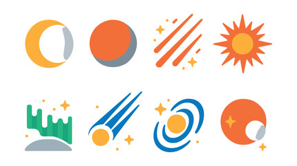 Flat vector icons of celestial events: solar eclipse, lunar eclipse, meteor shower, supernova, aurora, comet passing, star formation, planetary transit.