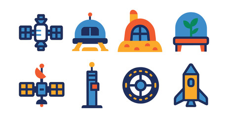 Obraz premium Flat vector icons of space habitats: space station module, lunar base, Mars habitat, space greenhouse, satellite lab, space elevator, orbital colony, space hotel.