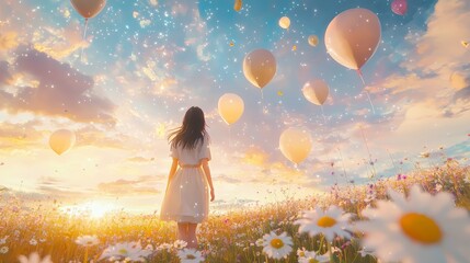 Girl in Soft Dress Surrounded by Balloons in Daisy Field at Sunset