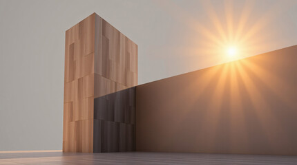 A modern building with geometric design illuminated by the setting sun.