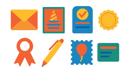 Flat vector icons of party invitations: envelope, card, RSVP, seal, ribbon, pen, stamp, address label.