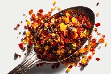 A macro shot of a spoon filled with colorful dried chili flakes and spices, offering a vibrant and flavorful culinary ingredient presentation on white background.