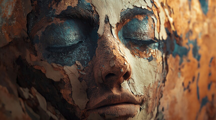 A wooden face statue with fine details, isolated on a white background, emphasizing its minimalist and artistic appearance.
