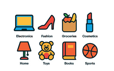 Flat vector icons of product categories: electronics, fashion, groceries, cosmetics, home goods, toys, books, sports equipment.