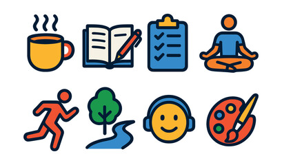 Flat vector icons of happiness rituals: morning coffee, journaling, gratitude list, meditation, exercise, nature walk, listening to music, creative art.