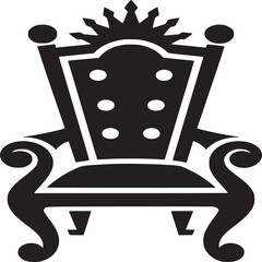 A black and white illustration of an ornate throne with a crown on top and dots on the back rest