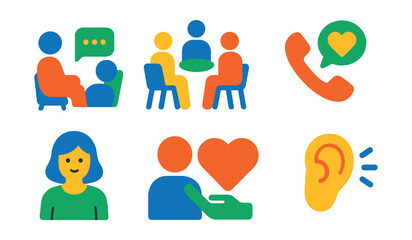 Flat vector icons of emotional support: talking therapy, support group, hotline, comforting hand, counselor, empathy, heart, listening ear.