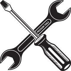 Black and white graphic illustration of a wrench crossed with a screwdriver on a white background