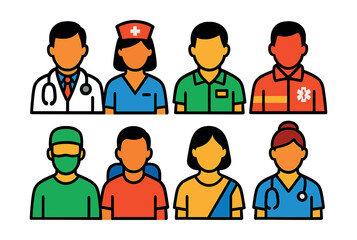 Flat vector icons of healthcare professionals: doctor, nurse, pharmacist, paramedic, surgeon, therapist, caregiver, medical assistant.