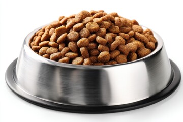 A close-up studio shot of a stainless steel dog bowl filled to the brim with dry kibble, presented on a clean white background, showcasing pet nutrition.