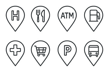 Event and location outline icons set &ndash; map, venue, and position symbols