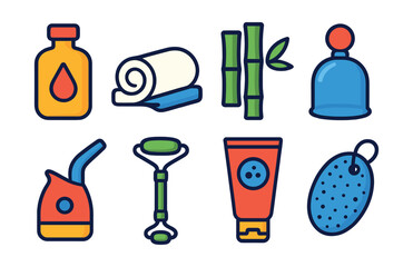 Flat vector icons of spa treatments tools: massage oil, hot towel, bamboo sticks, cupping set, facial steamer, jade roller, exfoliating scrub, pumice stone.