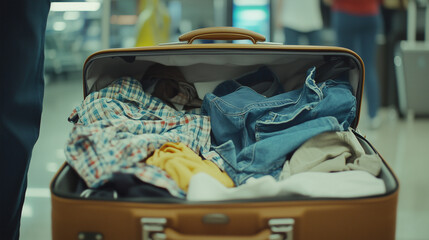 Open suitcase with scattered clothes in airport terminal