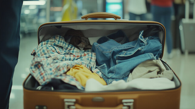 Open suitcase with scattered clothes in airport terminal