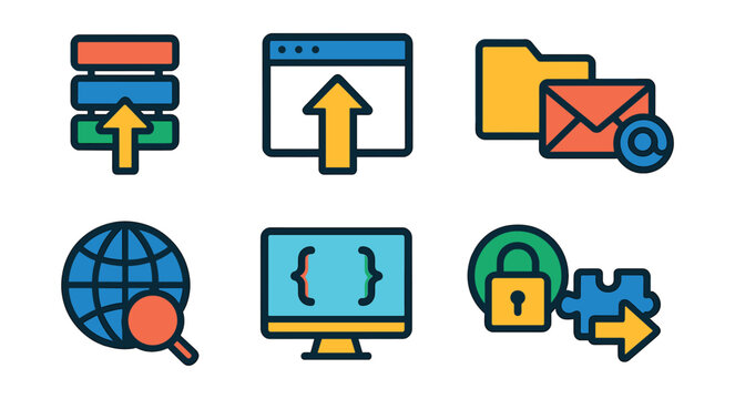 Flat vector icons of digital transmission protocols: TCP/IP stack, HTTP request, FTP transfer, SMTP email, DNS lookup, WebSocket connection, SSL encryption, API integration.