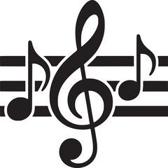 A graphic depiction of a treble clef and two musical notes on a staff in black and white colors