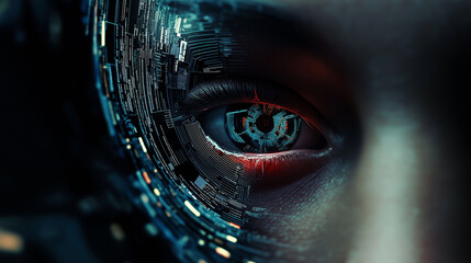 A microchip implanted in a human eye represents advanced bio-technology enabling enhanced vision, data processing, or augmented reality.