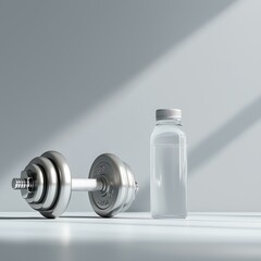 Obraz premium Dumbbell and Water Bottle Still Life: Minimalist Fitness Workout Equipment for Home Gym - Metal Weights and Hydration Essentials for Strength Training and Healthy Lifestyle Motivation