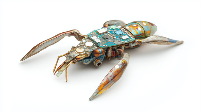 A microchip implanted in artificial insect  represents advanced bio-technology enabling enhanced vision, data processing, or augmented reality.