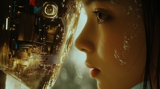 A microchip implanted in a human eye represents advanced bio-technology enabling enhanced vision, data processing, or augmented reality.