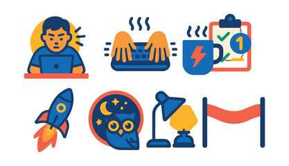 Flat vector icons of motivation and deadline hustle: focused work icon, fast typing hands, power coffee mug, checklist countdown, productivity boost icon, night owl badge, burning midnight oil,