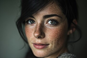 Obraz premium Close-up portrait of a beautiful young woman with freckles and striking eyes, natural beauty highlighted by soft lighting, creating a captivating and intimate atmosphere.