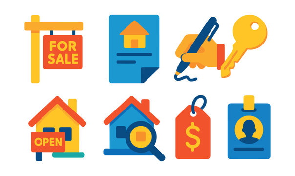 Flat vector icons of real estate transactions: for sale sign, lease agreement, contract signing, house key, open house event, property inspection, price tag, realtor badge.
