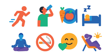 Flat vector icons of healthy lifestyle habits: running, water drinking, balanced diet, sleep, yoga pose, quitting smoking, mental wellness, relaxation.