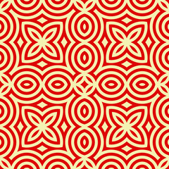 Fototapeta premium Rhombuses and circles ornament. Seamless checks, rings pattern. Diamonds, rounds backdrop. Tiles wallpaper. Ethnic motif. Geometric linear background. Digital paper. Geometrical textile print.