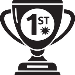 Black and white illustration of a trophy with the number one inside a circle on a white background