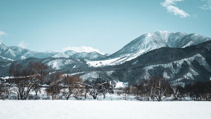 Peaceful winter landscape of snowy mountains and a calm river under a blue sky in Yuzawa, Japan. Bare trees and snow-covered fields create a serene, panoramic scene of rural natural beauty.