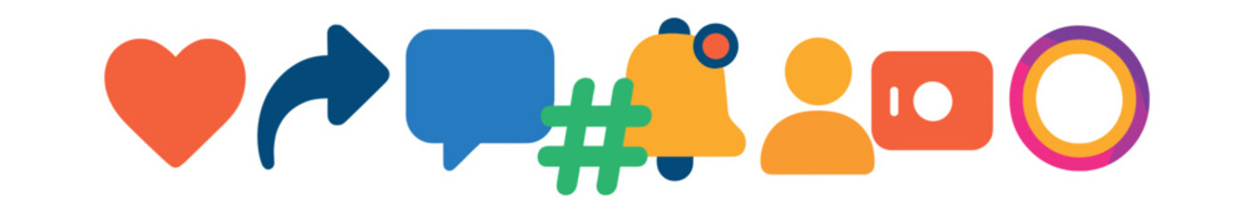 Obraz premium Flat vector icons of social media activities: like button, share arrow, comment bubble, notification bell, hashtag, follower, live video, story highlight.