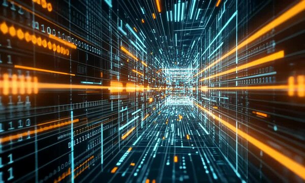 Digital tunnel of glowing binary code