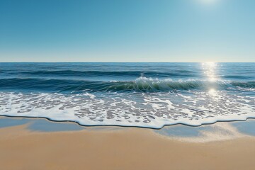Fototapeta premium Captivating Ocean Waves at Tranquil Beach Shoreline. Scenic Pacific Relaxation & Tropical Summer Holiday Experience