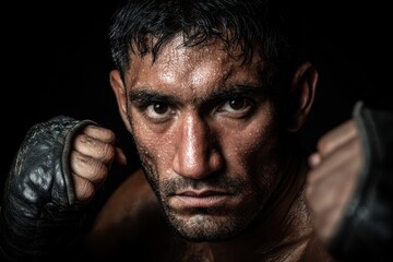 Obraz premium Close-up portrait of a determined fighter with sweat, wearing boxing gloves, with an intense gaze and dramatic dark background, showcasing strength and focus.