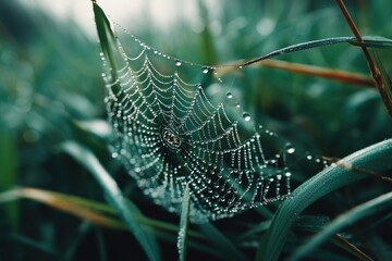 A captivating close-up of a spiderweb adorned with glistening dew drops in a lush green meadow, capturing the intricate beauty of nature's delicate artistry.
