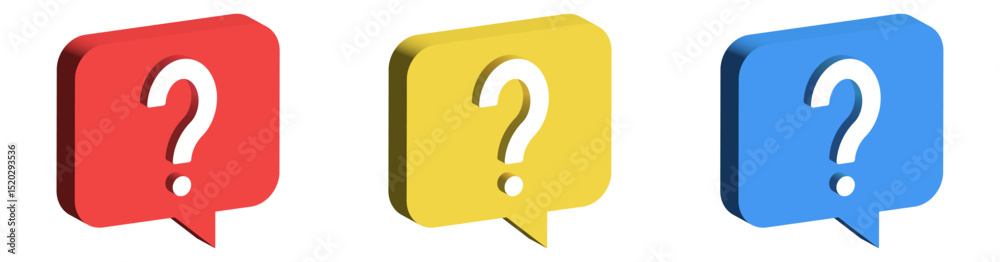 Poster A set of 3D colorful question mark icons within chat speech bubbles in red, yellow, and blue, ideal for modern UI, help, support, or FAQ designs