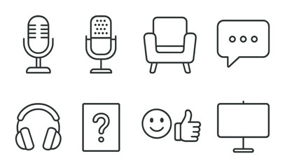 Podcast publishing outline icons set – broadcasting, media, audio recording symbols