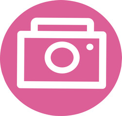 White camera outline icon with purple pink round background in flat style. Perfect for social media or photographic button.