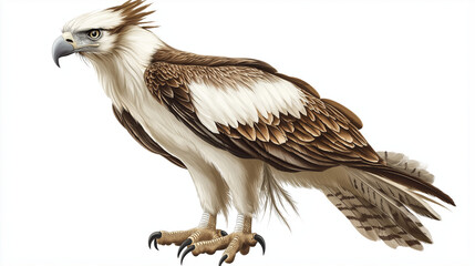A full-body Philippine eagle on a white background, showcasing its long crown feathers, sharp beak, powerful talons, and majestic brown-and-white plumage.