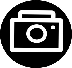 White outline camera icon with black round background in flat style. Perfect for social media or photographic button.