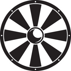 A black and white graphic illustration of a shield with radial pattern and circular center design