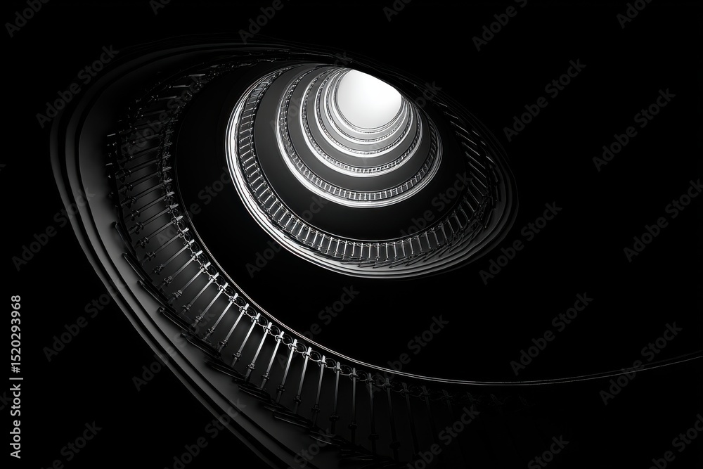 Poster abstract view of a spiraling staircase with intricate railings leading upwards, bathed in subtle lig