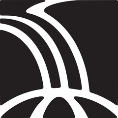A black square with three white curved lines flowing into three arches on a white background