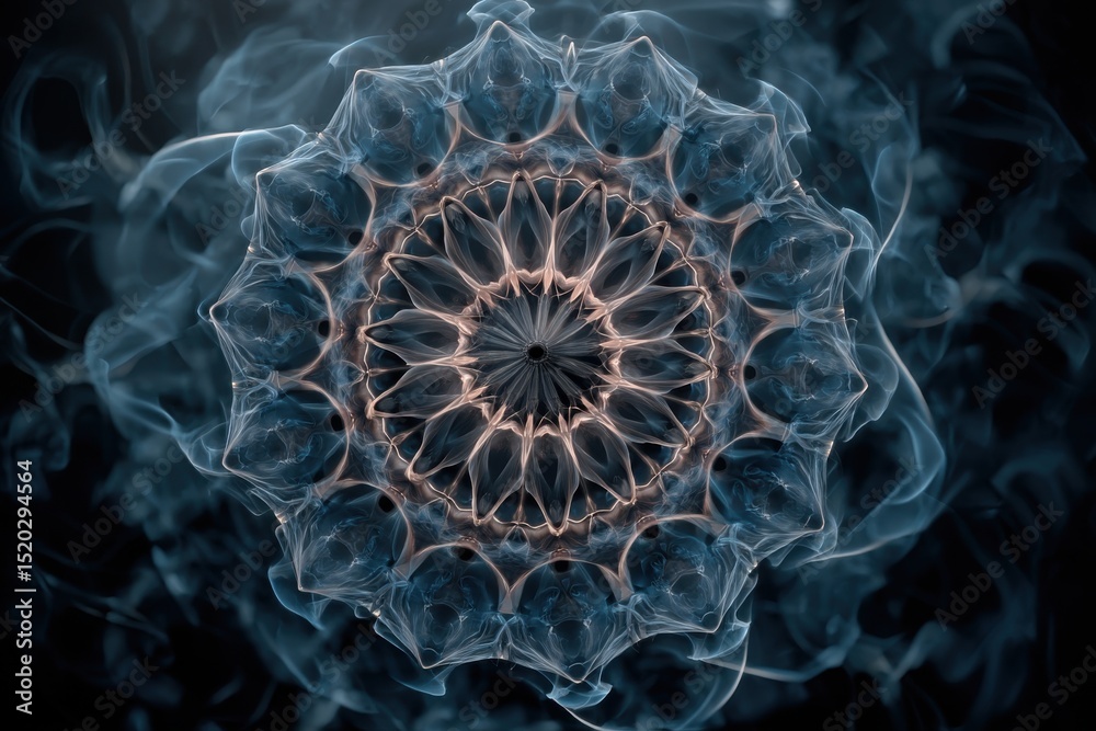 Poster a mesmerizing abstract fractal design with intricate patterns and swirling smoke, creating a sense o