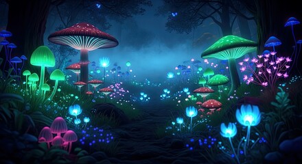 Luminous Glowing Mushrooms Trail Through A Dark Forest Scene With Colorful Light Display