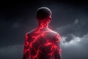 A mysterious figure standing against a stormy sky, radiating power with striking red energy patterns across the body, creating an electrifying and dramatic visual.