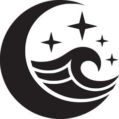 Black crescent moon with stylized wave and four stars on a white background simple vector graphic
