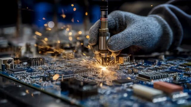 Gloved technician uses laser tool, creating sparks and bokeh, to repair a complex electronic circuit board, showcasing precision and technological expertise