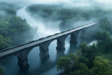 Fototapeta premium Vintage Bridge Across Misty River. Tranquil Landscape and Scenic Nature Reflections in Summer Photography
